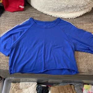 Blue crop tshirt with stripes on sleeve